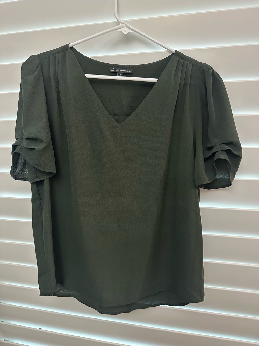 Dark Green V-Neck Puff Sleeve Women's Top
